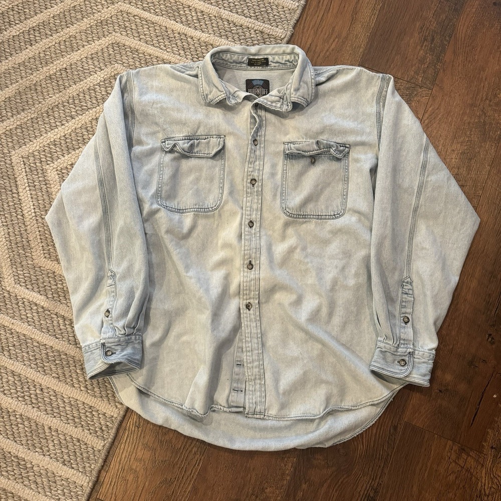 100% Pure Stuff Button Up Men's XL Blue Light Wash Denim Long Sleeve Cotton